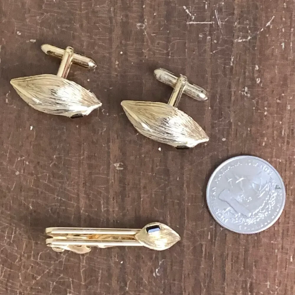 Swank 1950s 14‎ kt Gold Plate Black Onyx stone Cufflinks & Tie Clip Original box